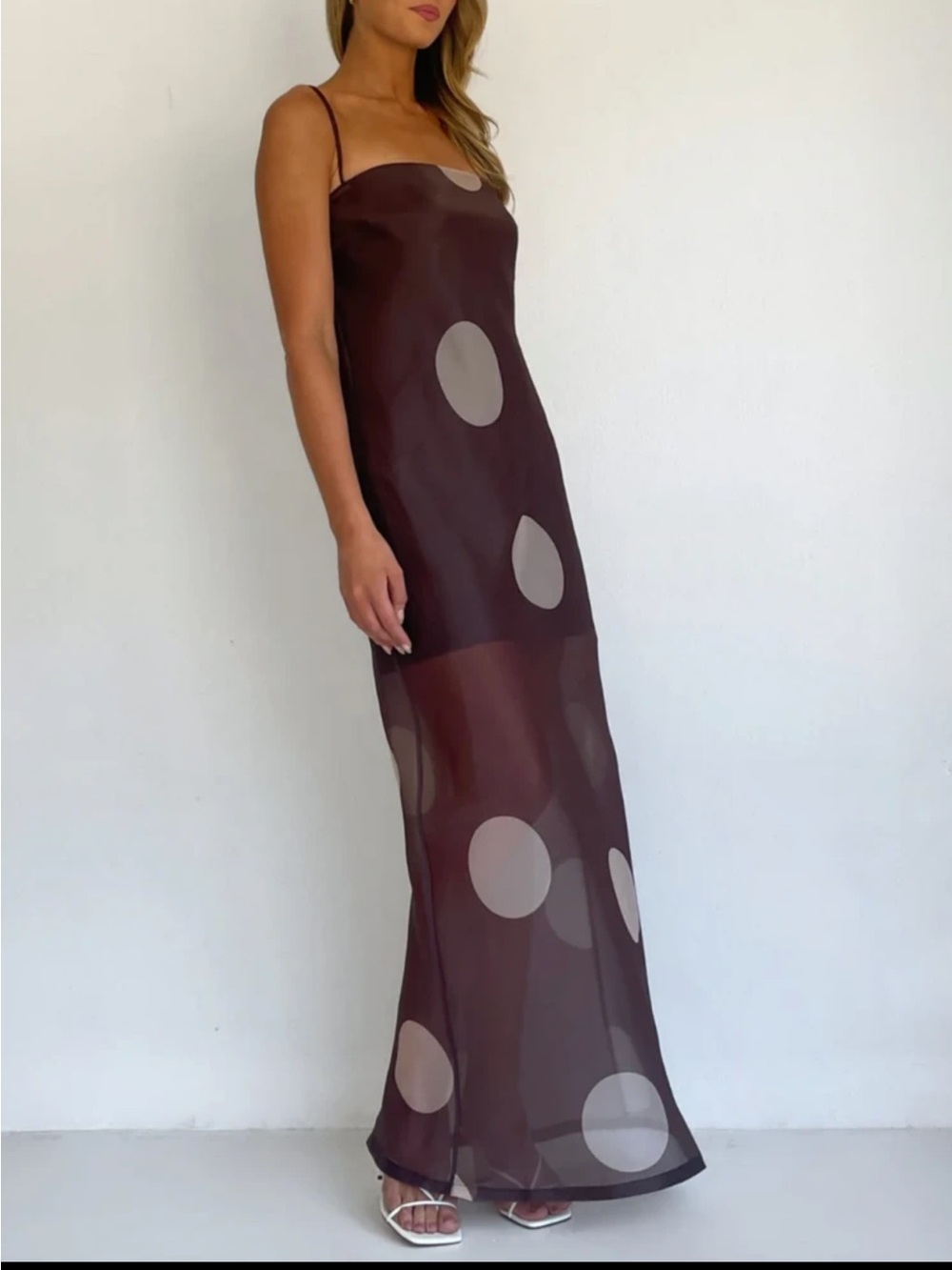 Sheer Polka Dot Maxi Slip Dress - Brown